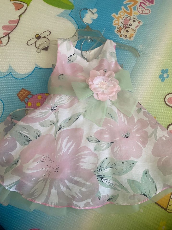 Kız Çocuk Pudra Çiçekli Fırfırlı Elbise - Görsel 4