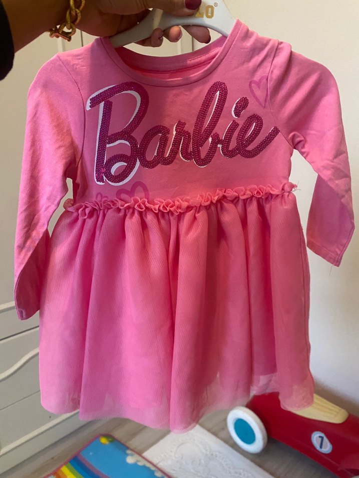 Uzun Kollu Pembe Barbie Kız Elbise - Görsel 3