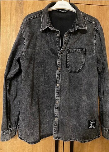 Erkek Gri Denim Düğmeli Uzun Kollu Gömlek