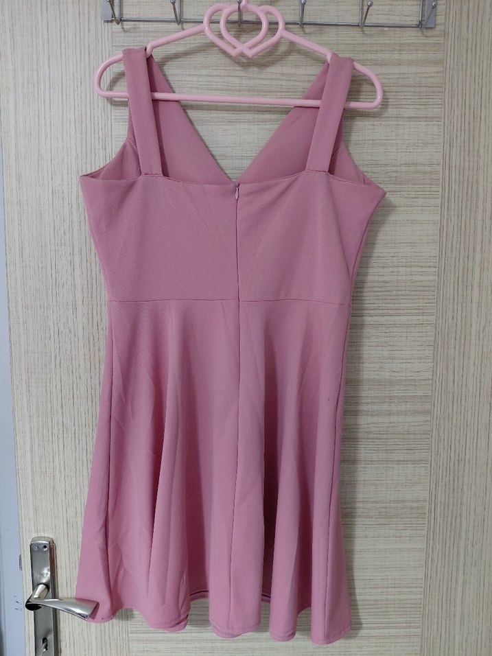 Pembe V Yaka Pilili Midi Elbise - Görsel 2