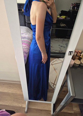 Mavi Drapeli Uzun Straplez Kadın Abiye - Görsel 7