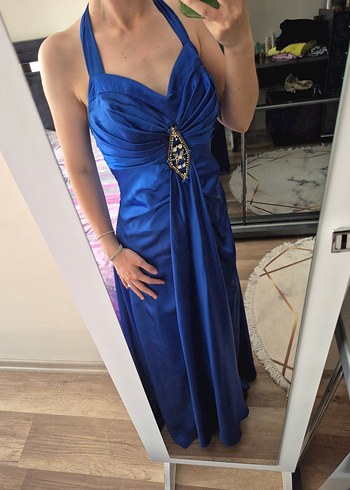 Mavi Drapeli Uzun Straplez Kadın Abiye - Görsel 6