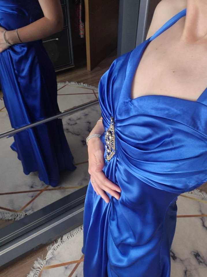 Mavi Drapeli Uzun Straplez Kadın Abiye - Görsel 5