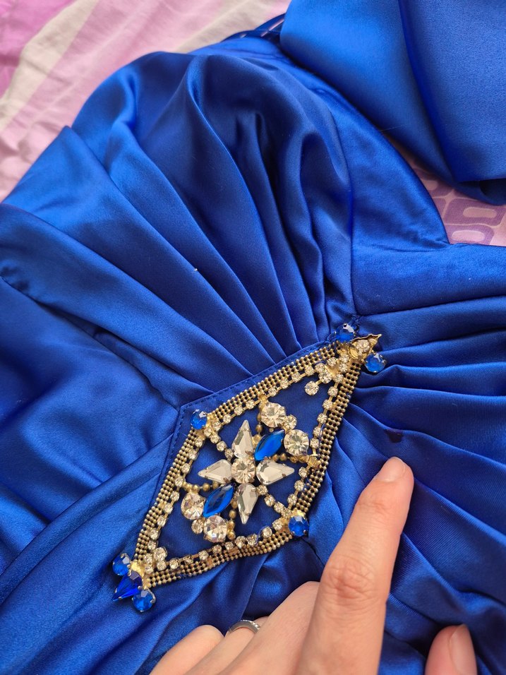 Mavi Drapeli Uzun Straplez Kadın Abiye - Görsel 3