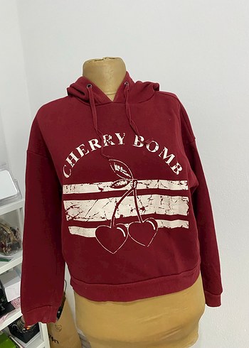 Bordo Kapüşonlu Baskılı Kadın Sweatshirt