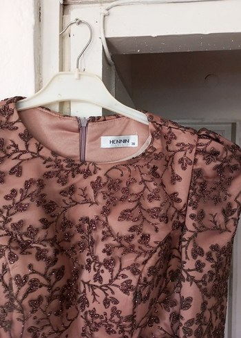 38 Beden ten rengi Renk Bej Dantel Uzun Kollu Vintage Abiye Elbise