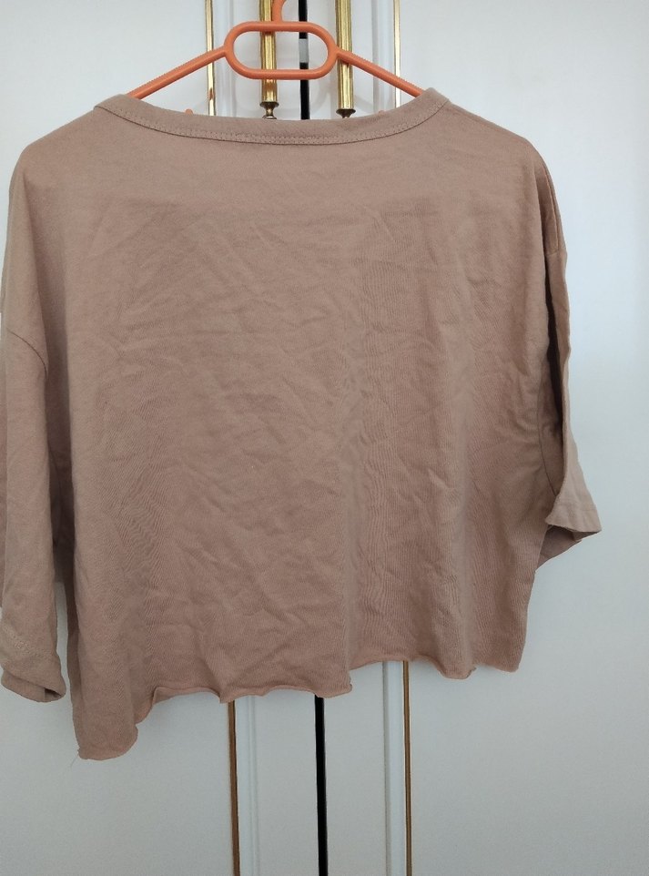 Bej  Kısa Kollu Salaş Kadın Tişört - Görsel 2