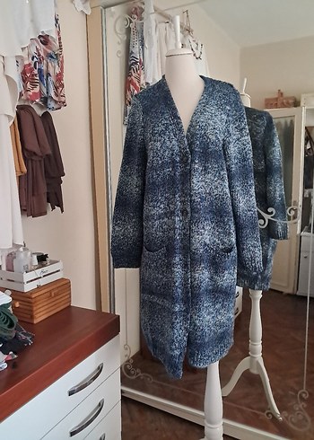 Bohem Uzun Mavi Gri Batik Desenli Triko Hırka