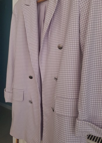 s Beden mor Renk Mor Ekoseli Midi Kadın Blazer Ceket