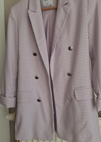 Mor Ekoseli Midi Kadın Blazer Ceket