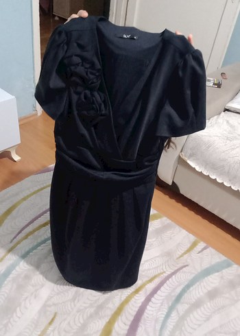 SLN Siyah Drapeli V Yakalı Midi Gotik Elbise
