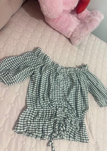 Diğer Düğmeli Beyaz Ekose Mini Bluz