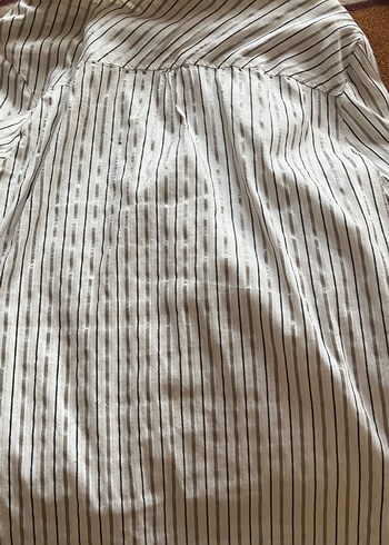 Düğmeli Bej Çizgili Keten Gömlek - Görsel 7