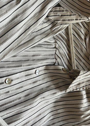 Düğmeli Bej Çizgili Keten Gömlek - Görsel 4