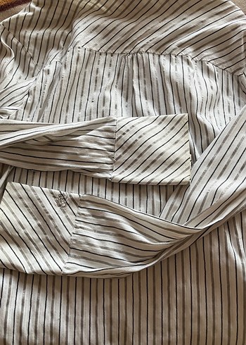 Düğmeli Bej Çizgili Keten Gömlek - Görsel 8