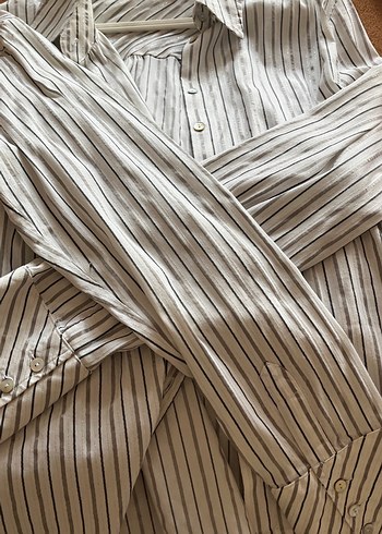 Düğmeli Bej Çizgili Keten Gömlek - Görsel 5