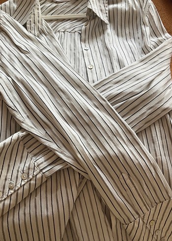 Düğmeli Bej Çizgili Keten Gömlek - Görsel 6