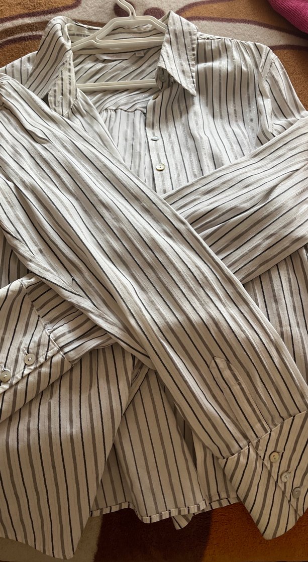 Düğmeli Bej Çizgili Keten Gömlek - Görsel 5