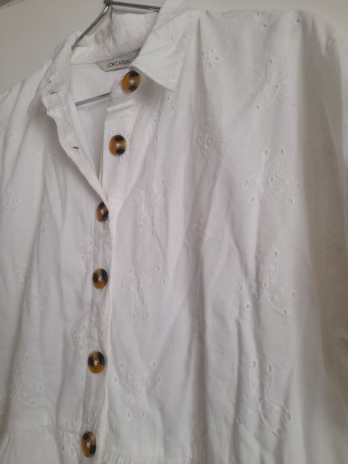 Düğmeli Beyaz Keten Midi Elbise - Görsel 3