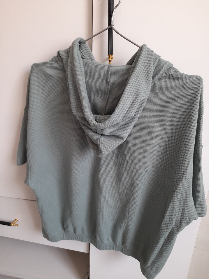 Kadın su yeşili Kapüşonlu Kısa Kollu Sweatshirt - Görsel 2