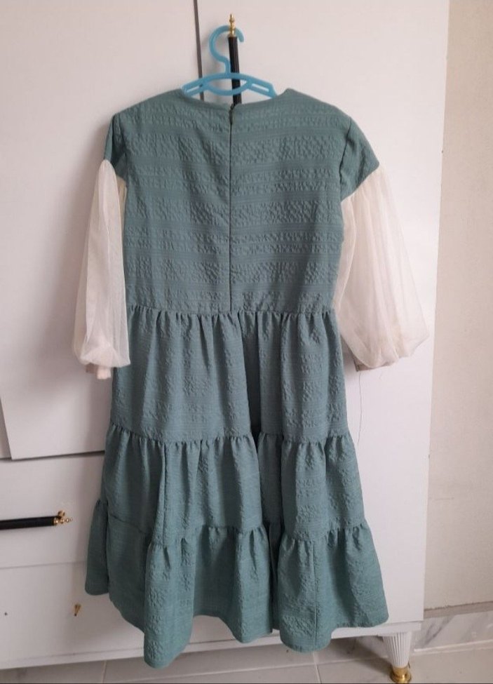 Fırfırlı Turkuaz Keten Kız Elbisesi - Görsel 3
