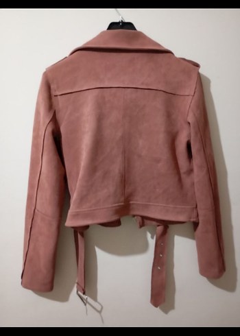 Kadın Pembe Süet Kemerli Mini Ceket - Görsel 4