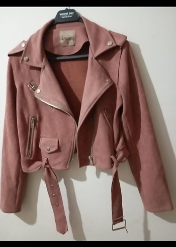 Kadın Pembe Süet Kemerli Mini Ceket - Görsel 2