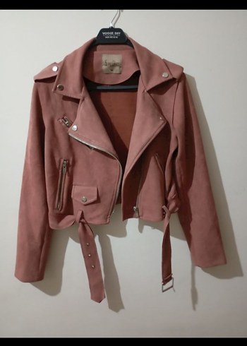 Kadın Pembe Süet Kemerli Mini Ceket - Görsel 3