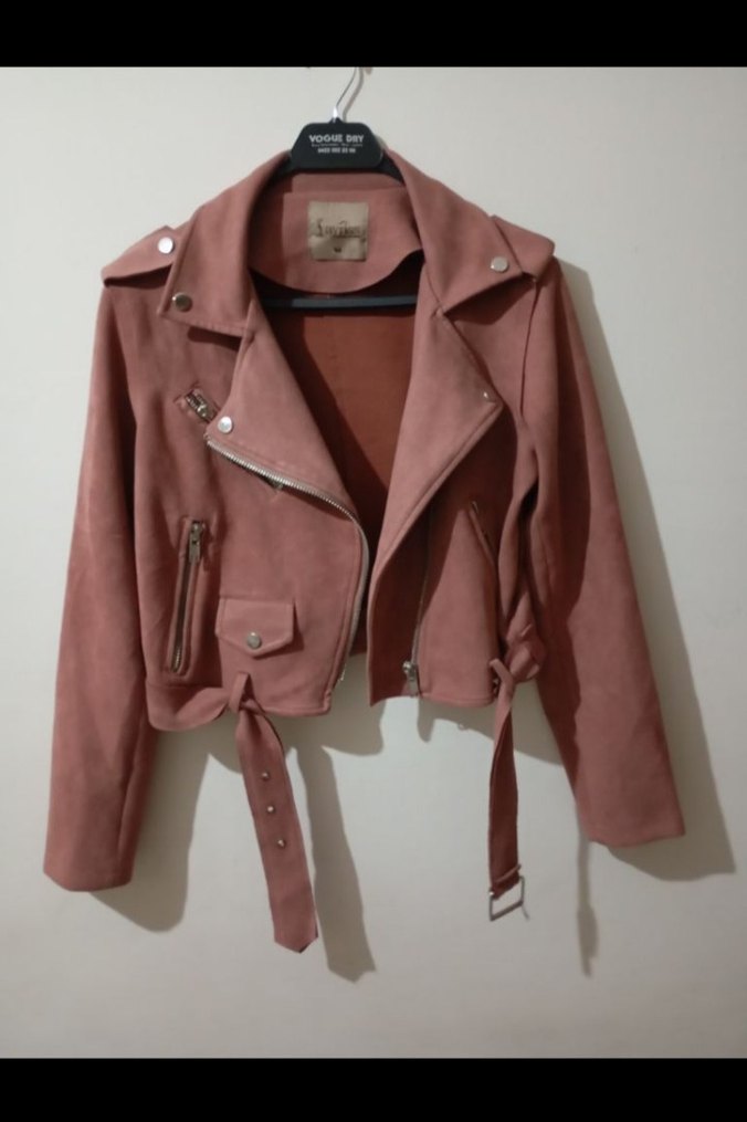 Kadın Pembe Süet Kemerli Mini Ceket - Görsel 3