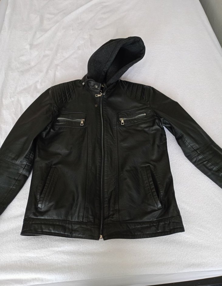 Siyah Erkek deri Biker Ceket Kapüşonlu - Görsel 2