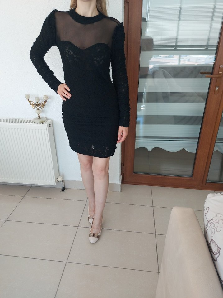 Dantel Detaylı Siyah Uzun Kollu Mini Elbise - Görsel 3