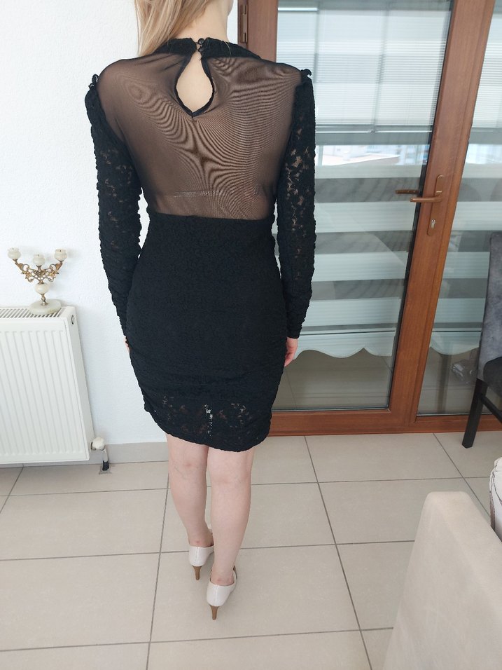 Dantel Detaylı Siyah Uzun Kollu Mini Elbise - Görsel 4