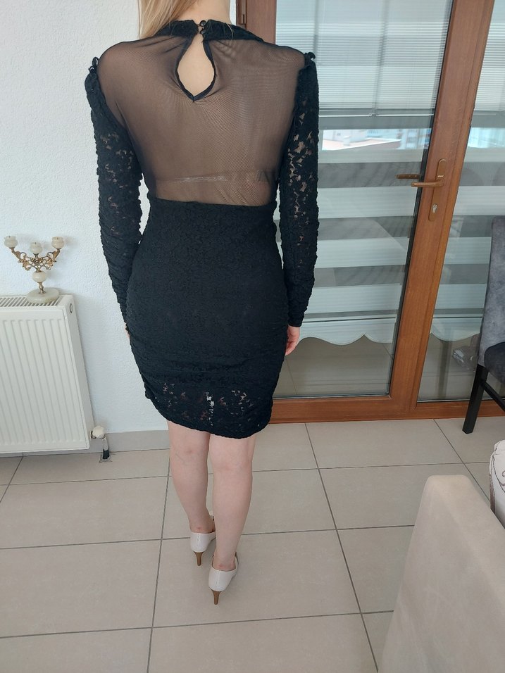 Dantel Detaylı Siyah Uzun Kollu Mini Elbise - Görsel 5