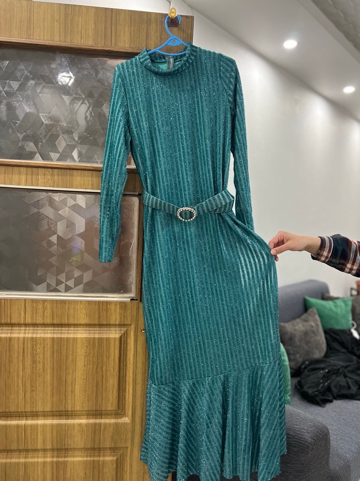 Bohem Turkuaz Triko Uzun Elbise - Görsel 2