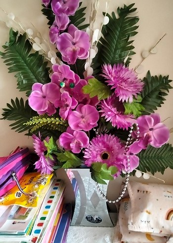 Renkli Mor Yapay Çiçek Aranjmanı - Görsel 2