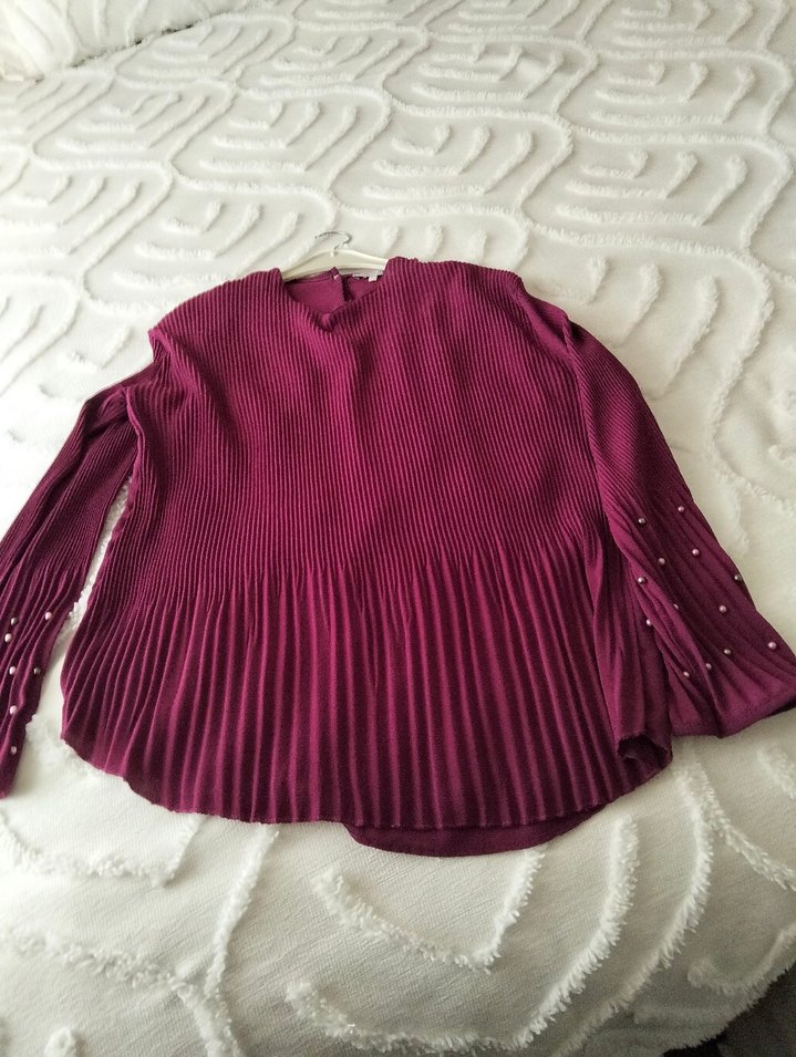 Bordo Pilili Hamile Bluz V Yaka - Görsel 2