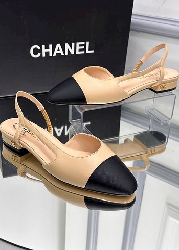 Chanel Bej Siyah Kadın Topuklu Babet