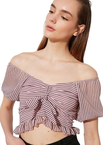 Pembe Çizgili Pliseli Mini Bluz Büstiyer Crop