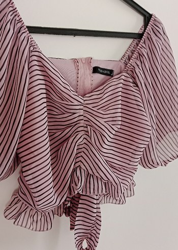 36 Beden pembe Renk Pembe Çizgili Pliseli Mini Bluz Büstiyer Crop