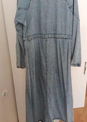 Buz mavisi Uzun Denim Elbise, Fermuarlı, Salaş Kesim - Görsel 3