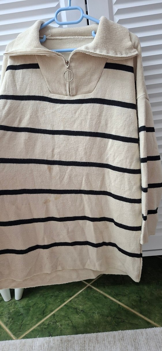 Bej Çizgili Kadın Triko Sweatshirt - Görsel 2