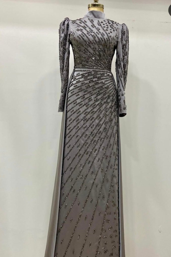 Uzun Kollu Gri İşlemeli Abiye Elbise - Görsel 4