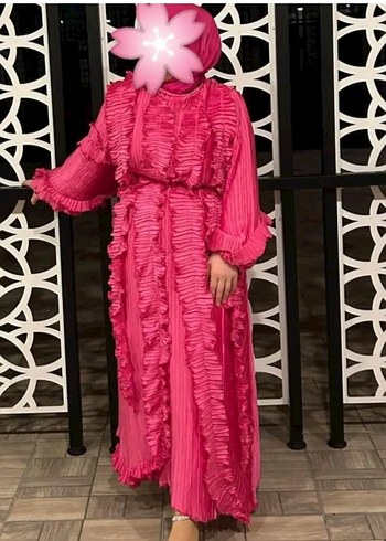 Pembe Uzun Kollu Fırfırlı Bohem Elbise