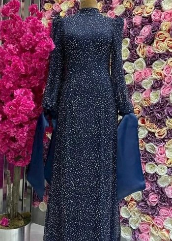 Lacivert Piliseli Uzun Kadın Elbise - Görsel 9