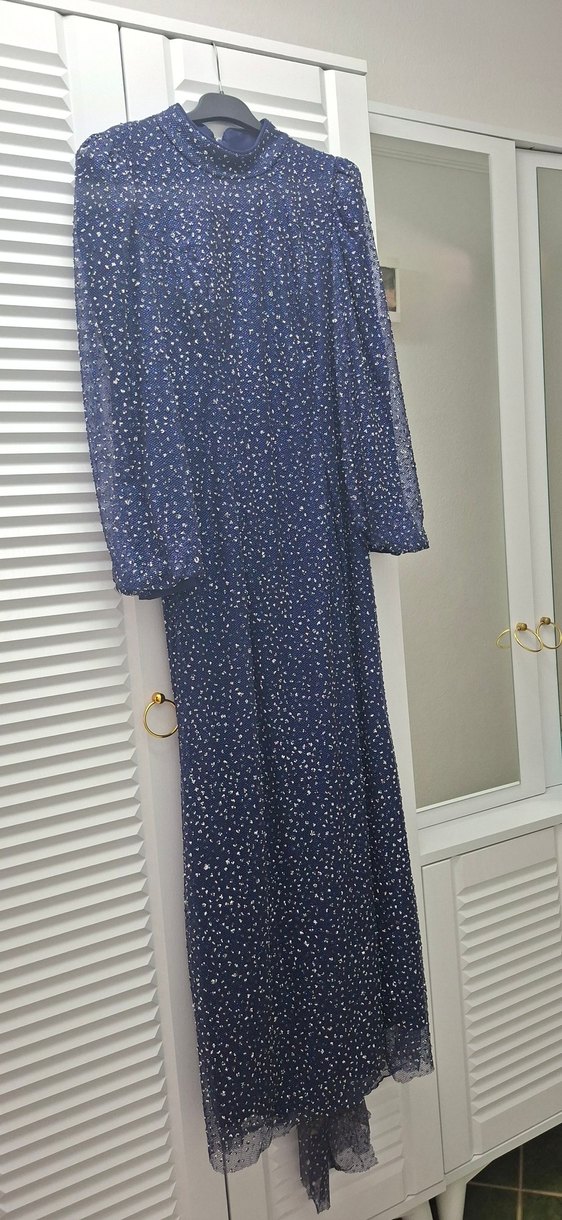 Lacivert Piliseli Uzun Kadın Elbise - Görsel 4