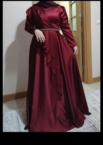 Bordo Uzun Abiye Yüksek Yakalı Drapeli