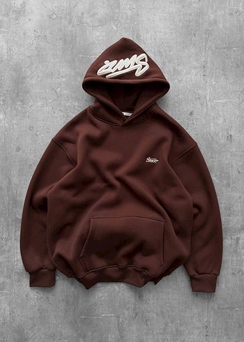 Premium Oversize Kapüşonlu Hoodie  Gri-Kahverengi-Beyaz - Görsel 2