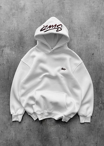 Premium Oversize Kapüşonlu Hoodie  Gri-Kahverengi-Beyaz - Görsel 3