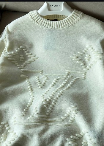 Louis Vuitton Premium Kabartma Desenli Ekru Oversize Triko Kazak - Görsel 3