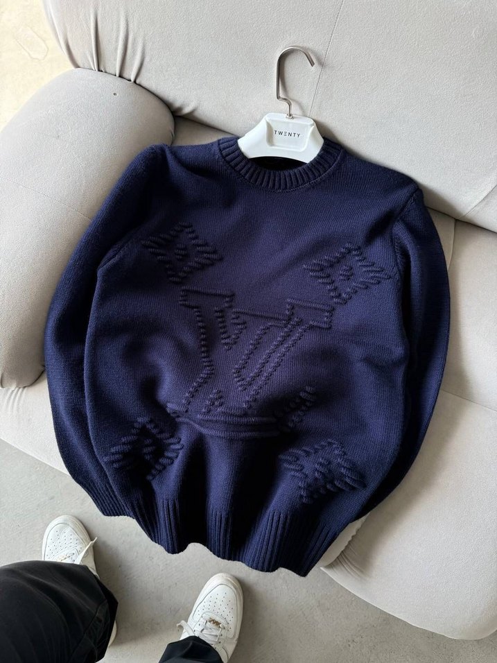 Louis Vuitton Premium Kabartma Desenli Ekru Oversize Triko Kazak - Görsel 2